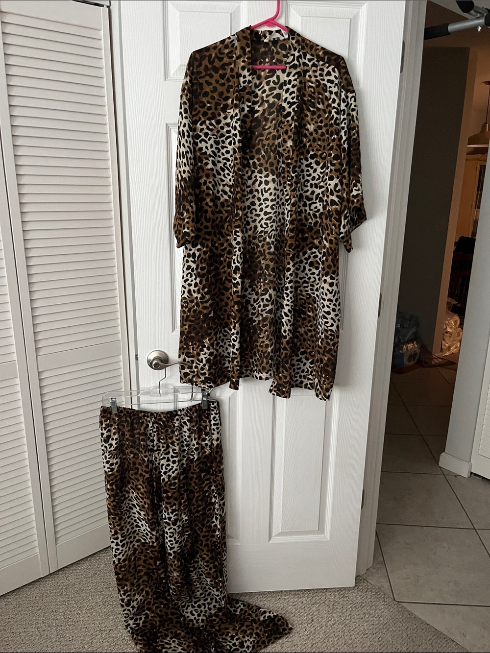 Secret Treasures Leopard Print Kimono & Pants Set - Brown/Black/Cream